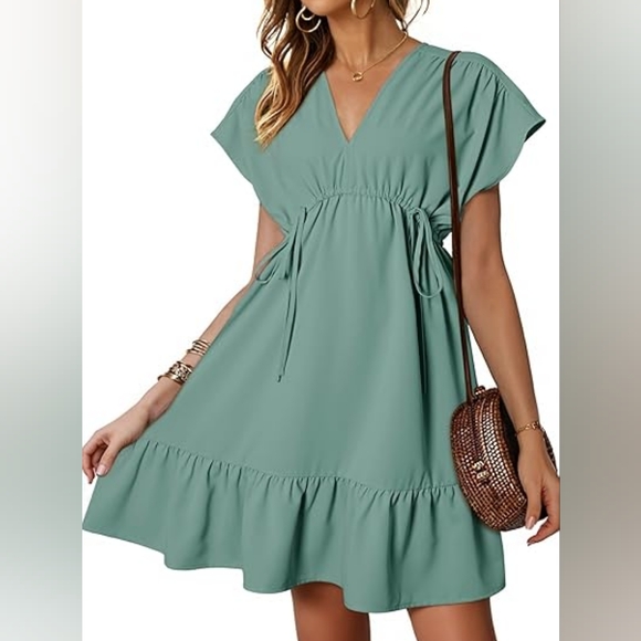 Chic Teal V-Neck Mini Dress Size L - XL - Picture 1 of 4